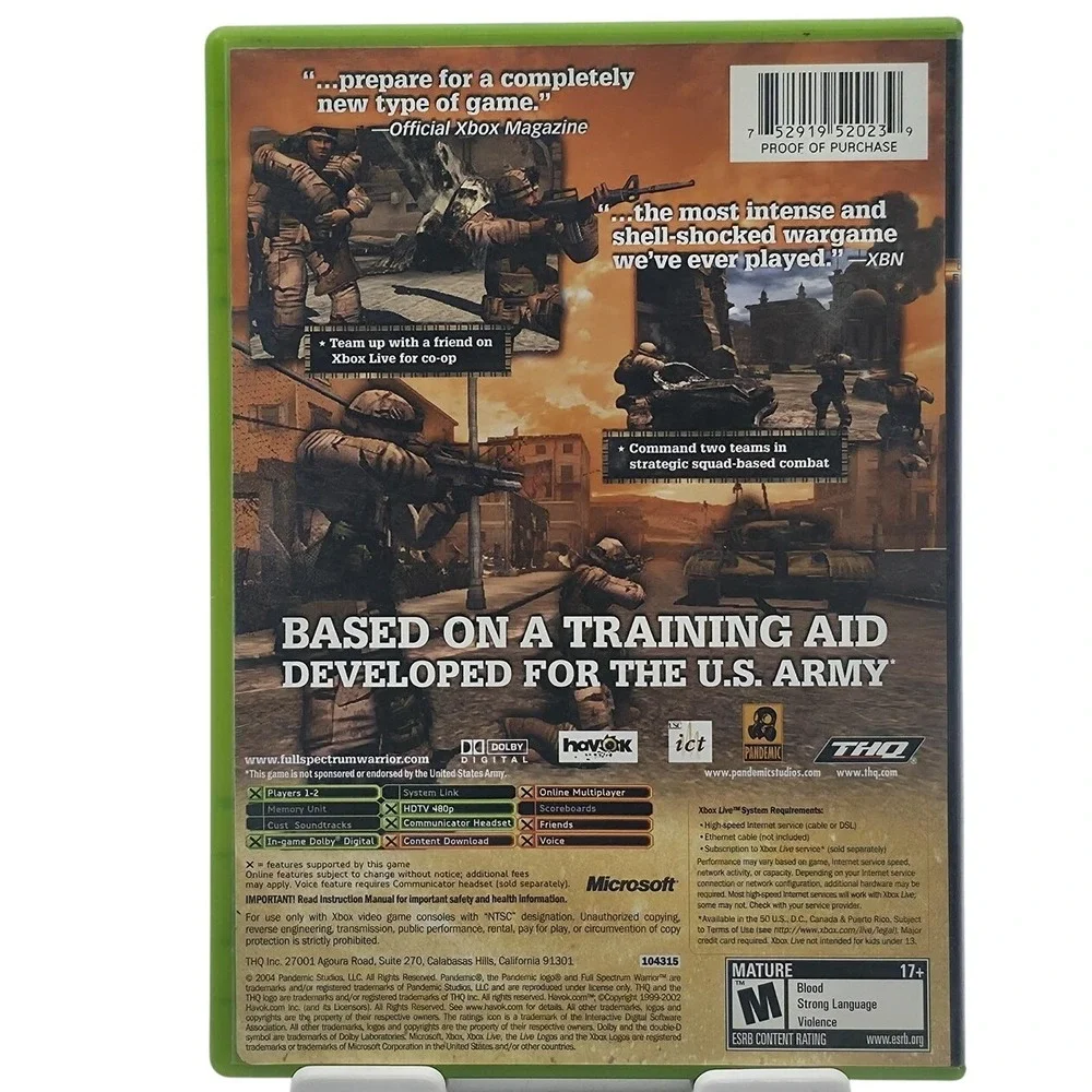 Full Spectrum Warrior Microsoft Xbox Video Game Complete CIB Live THQ Pandemic‎